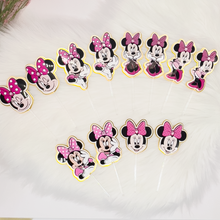 Cargar imagen en el visor de la galería, set of 12 handmade Hot pink Minnie Mouse cupcake toppers! 🎀 Perfect for birthday parties, baby showers, or Disney-themed events. Six different Minnie Mouse  styles