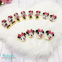 Cargar imagen en el visor de la galería, Set of 12 red Minnie mouse handmade cupcake toppers. Perfect for any Disney party theme.
