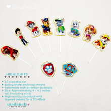 Cargar imagen en el visor de la galería, Handmade Paw Patrol Cupcake Toppers Party Magic Set of 10
