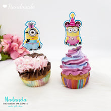 Cargar imagen en el visor de la galería, fun handmade Minion girls cupcake toppers. Decorate your cupcakes with fun Minion girls cupcake toppers