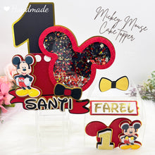 Cargar imagen en el visor de la galería, handmade MIckey mouse cake topper shaker. MIckey mouse topper layered for a 3d look, fill with assorted beads.