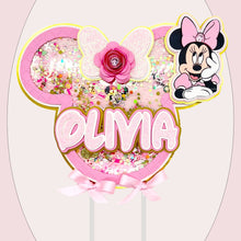 Load image into Gallery viewer, Personalized Minnie Mouse Cake Topper – Custom Birthday Decoration for Girls | Pink &amp; Glitter Disney-Inspired Party Decor