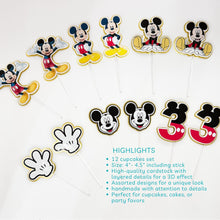 Cargar imagen en el visor de la galería, Handmade Mickey Mouse Cupcake Toppers Disney-themed birthday parties – Set of 12
