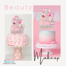 Load image into Gallery viewer, Makeup Cake Topper, Makeup Party Decorations, Spa Cake Topper, Glam Cake Topper, Spa Birthday Cake topper