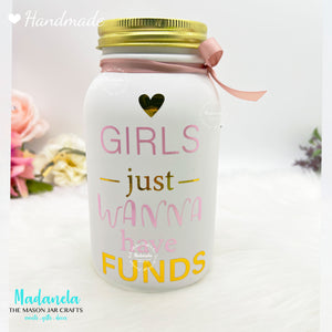 Mason Jar 32-Ounce, Money Jar, Girls Just Wanna Have Funds, Pink & Purple