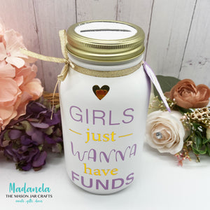 Mason Jar 32-Ounce, Money Jar, Girls Just Wanna Have Funds, Pink & Purple