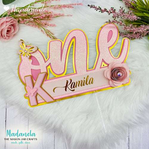 One Year Personalized Birthday Cake Topper Pink