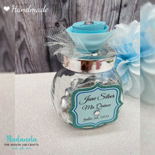 Load image into Gallery viewer, 5oz. glass jar with lids, decorated with paper flower, party favor blue