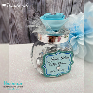 5oz. glass jar with lids, decorated with paper flower, party favor blue