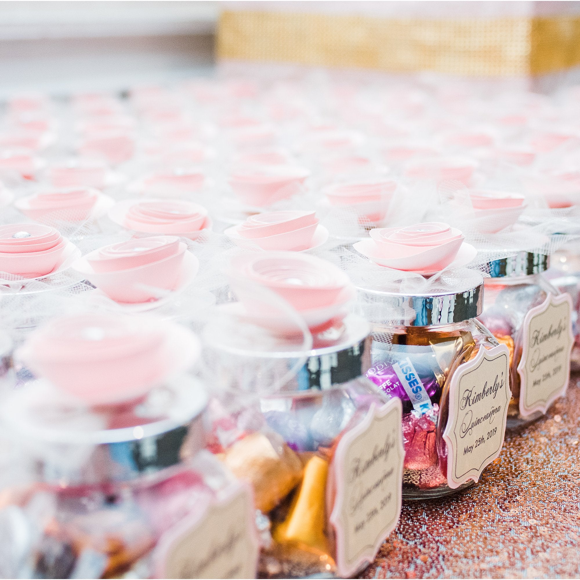 Personalised Pink Candy Wedding Favour in Glass Jar With Pink 